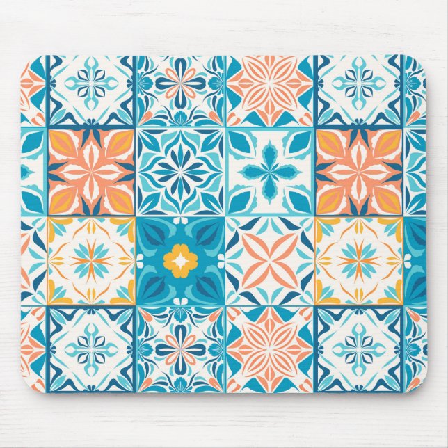 Ornate tiles in blue and orange mouse mat (Front)