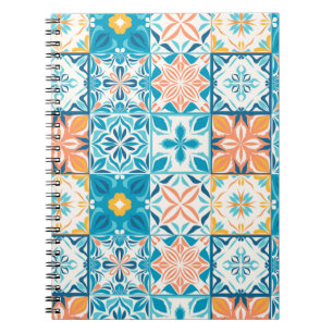 Ornate tiles in blue and orange notebook