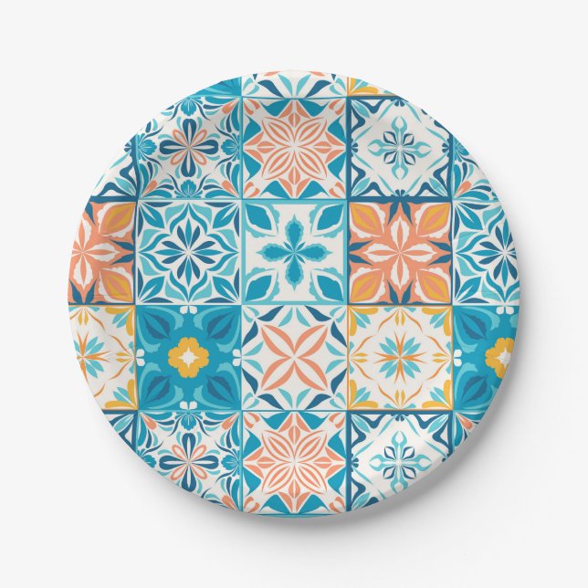 Ornate tiles in blue and orange paper plate (Front)