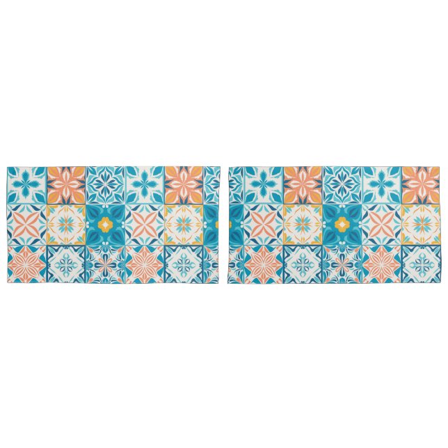 Ornate tiles in blue and orange pillowcase (Front-Set)