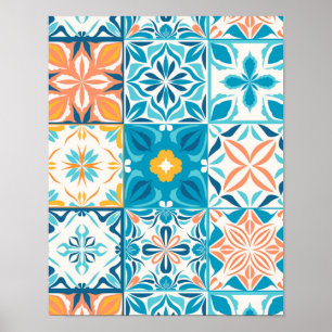Ornate tiles in blue and orange poster