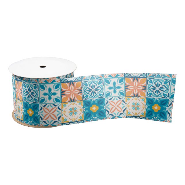 Ornate tiles in blue and orange satin ribbon (Spool)