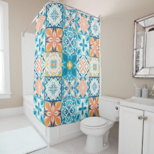 Ornate tiles in blue and orange shower curtain