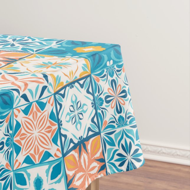Ornate tiles in blue and orange tablecloth (In Situ)