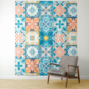 Ornate tiles in blue and orange tapestry