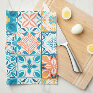 Ornate tiles in blue and orange tea towel