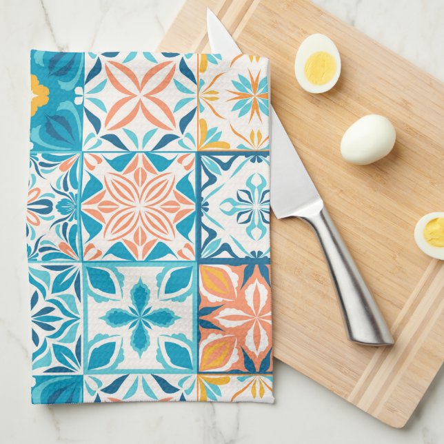 Ornate tiles in blue and orange tea towel (Quarter Fold)