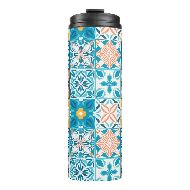 Ornate tiles in blue and orange thermal tumbler (Front)