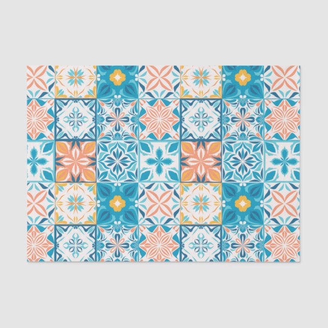 Ornate tiles in blue and orange tissue paper (Front)