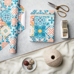 Ornate tiles in blue and orange wrapping paper