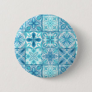 Ornate tiles in blue and white 6 cm round badge