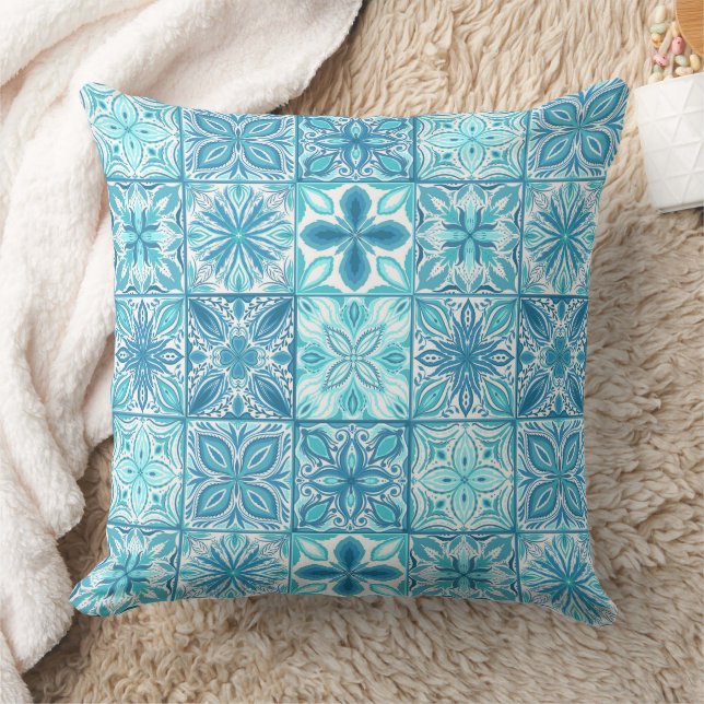 Ornate tiles in blue and white cushion (Blanket)