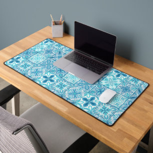 Ornate tiles in blue and white desk mat