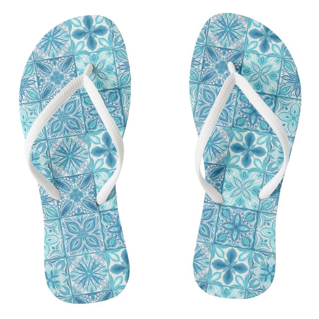 Ornate tiles in blue and white flip flops (Footbed)