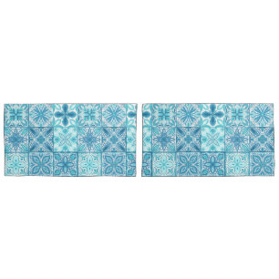 Ornate tiles in blue and white pillowcase