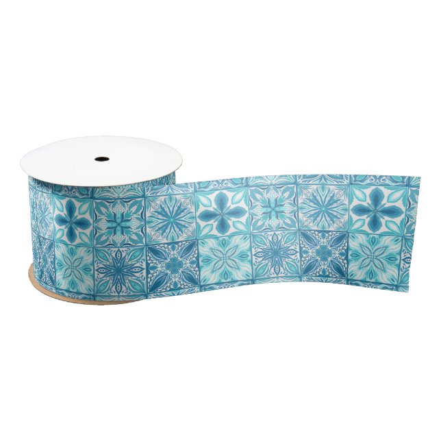 Ornate tiles in blue and white satin ribbon (Spool)