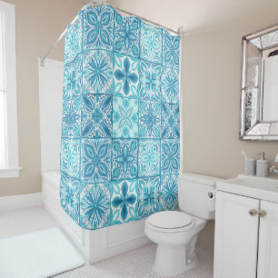 Ornate tiles in blue and white shower curtain