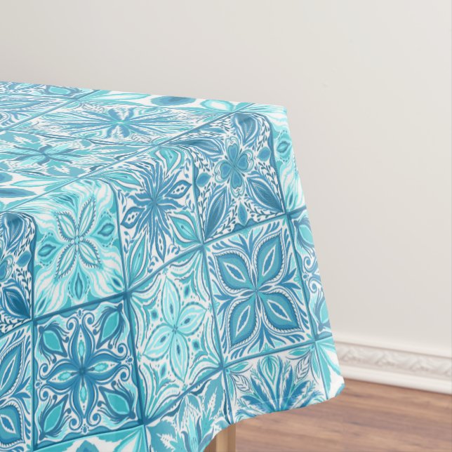 Ornate tiles in blue and white tablecloth (In Situ)