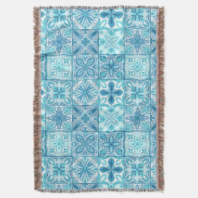 Ornate tiles in blue and white throw blanket (Front Vertical)