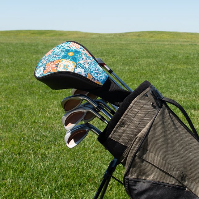 Ornate tiles in blue and yellow golf head cover (In Situ)