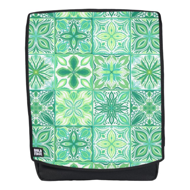 Ornate tiles in green and white backpack (Front)