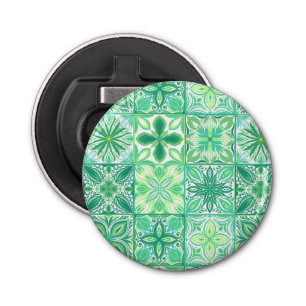 Ornate tiles in green and white bottle opener