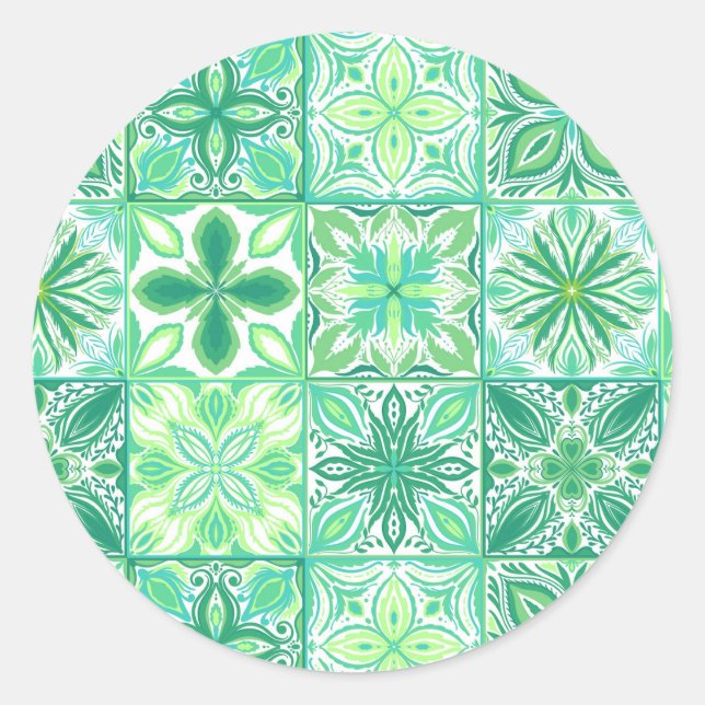 Ornate tiles in green and white classic round sticker (Front)