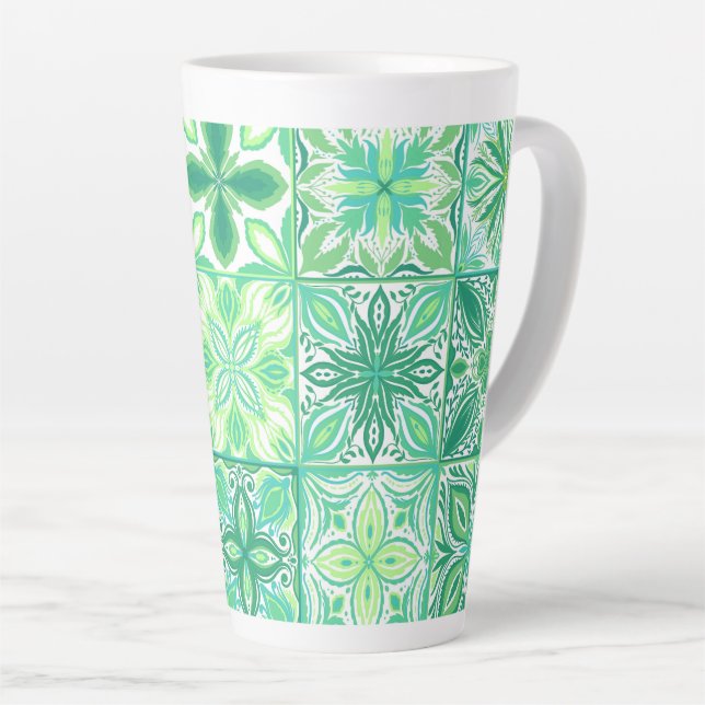 Ornate tiles in green and white latte mug (Right Angle)