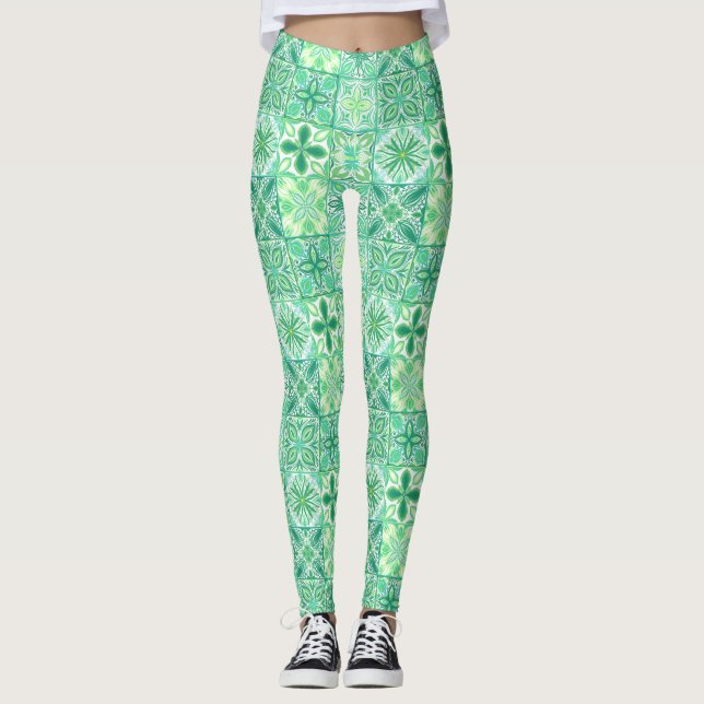 Ornate tiles in green and white leggings (Front)