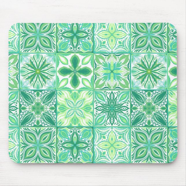Ornate tiles in green and white mouse mat (Front)