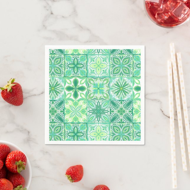 Ornate tiles in green and white napkin (Insitu)