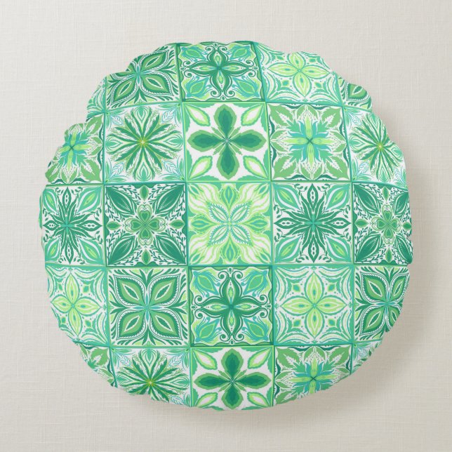 Ornate tiles in green and white round cushion (Front)