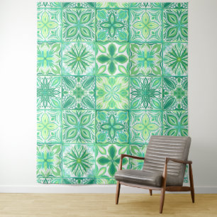 Ornate tiles in green and white tapestry