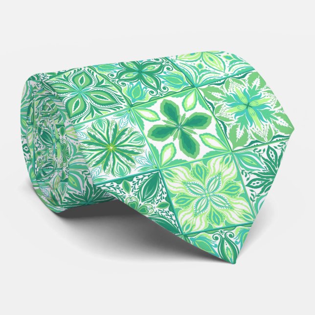 Ornate tiles in green and white tie (Rolled)