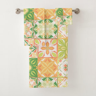 Ornate tiles in green and yellow bath towel set