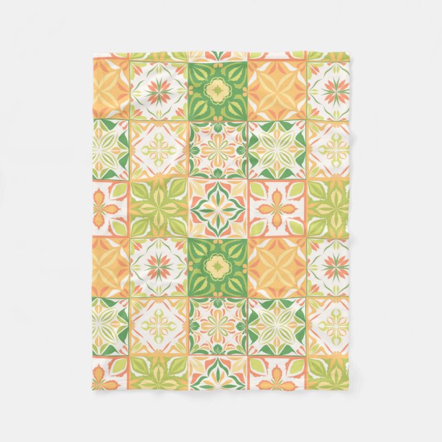 Ornate tiles in green and yellow fleece blanket (Front)