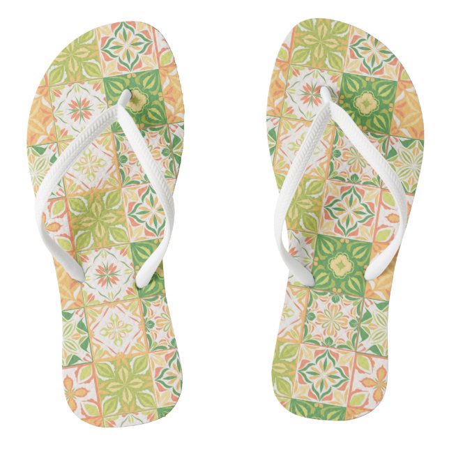 Ornate tiles in green and yellow flip flops (Footbed)