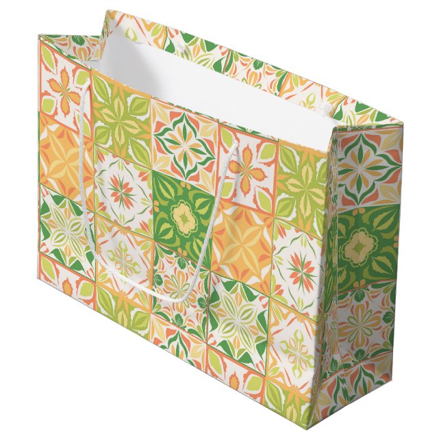 Ornate tiles in green and yellow large gift bag (Front Angled)
