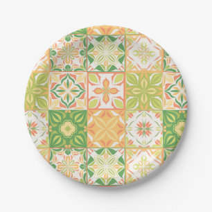Ornate tiles in green and yellow paper plate