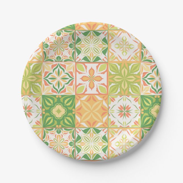 Ornate tiles in green and yellow paper plate (Front)