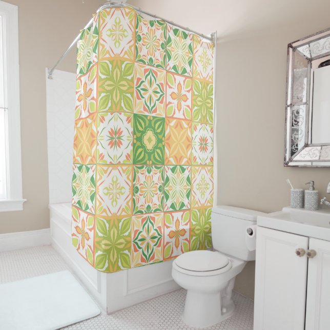 Ornate tiles in green and yellow shower curtain (In Situ)
