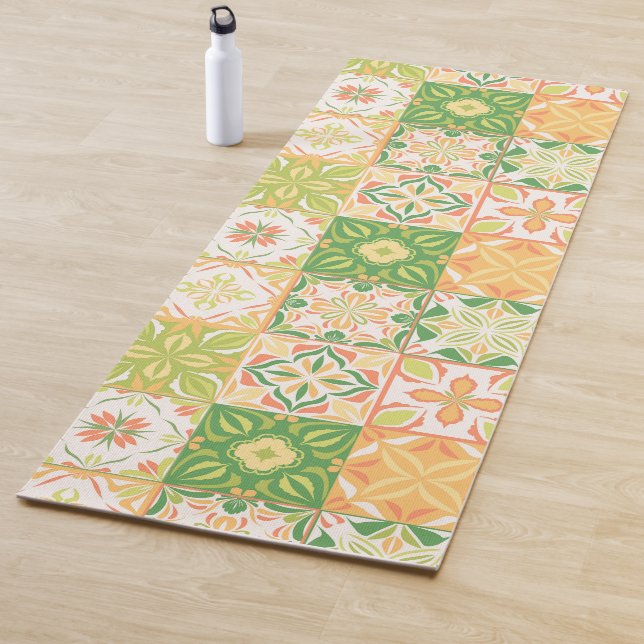Ornate tiles in green and yellow yoga mat (In Situ)