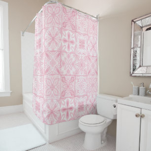 Ornate tiles in pink shower curtain