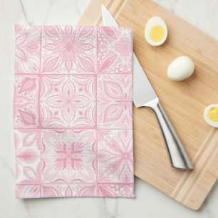 Ornate tiles in pink  tea towel