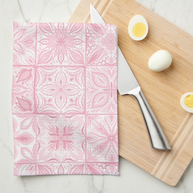 Ornate tiles in pink  tea towel (Quarter Fold)