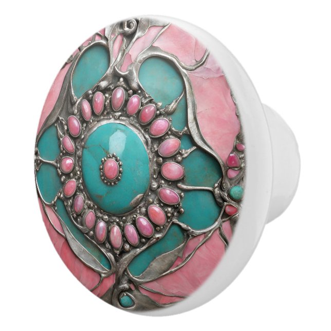 Ornate Tourmaline & Turquoise Art in Silver Ceramic Knob (Right)