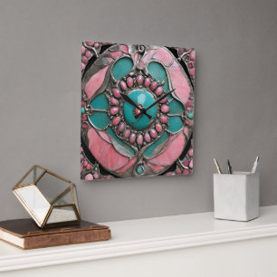 Ornate Tourmaline & Turquoise Art in Silver Square Wall Clock