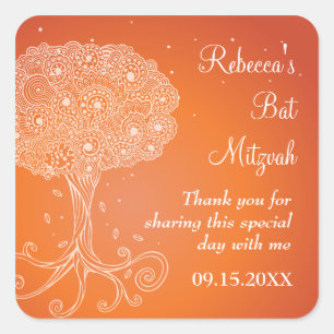 Ornate Tree of Life Orange Bat Mitzvah Square Sticker