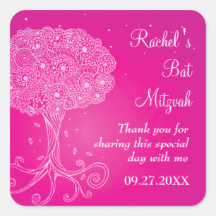 Ornate Tree of Life Pink Bat Mitzvah Square Sticker