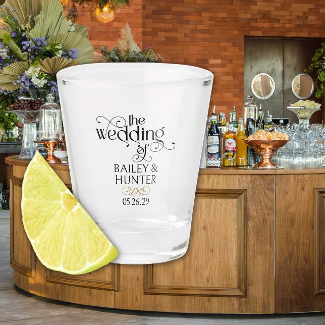 Ornate Typography The Wedding of Dated  Shot Glass (Wedding favor shot glass personalized with bride & groom names and wedding date.)